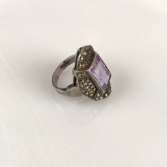 Vtg Sterling Silver Fine Marcasite Amethyst Ring ~ Vintage Cocktail Statement - Picture 8 of 14